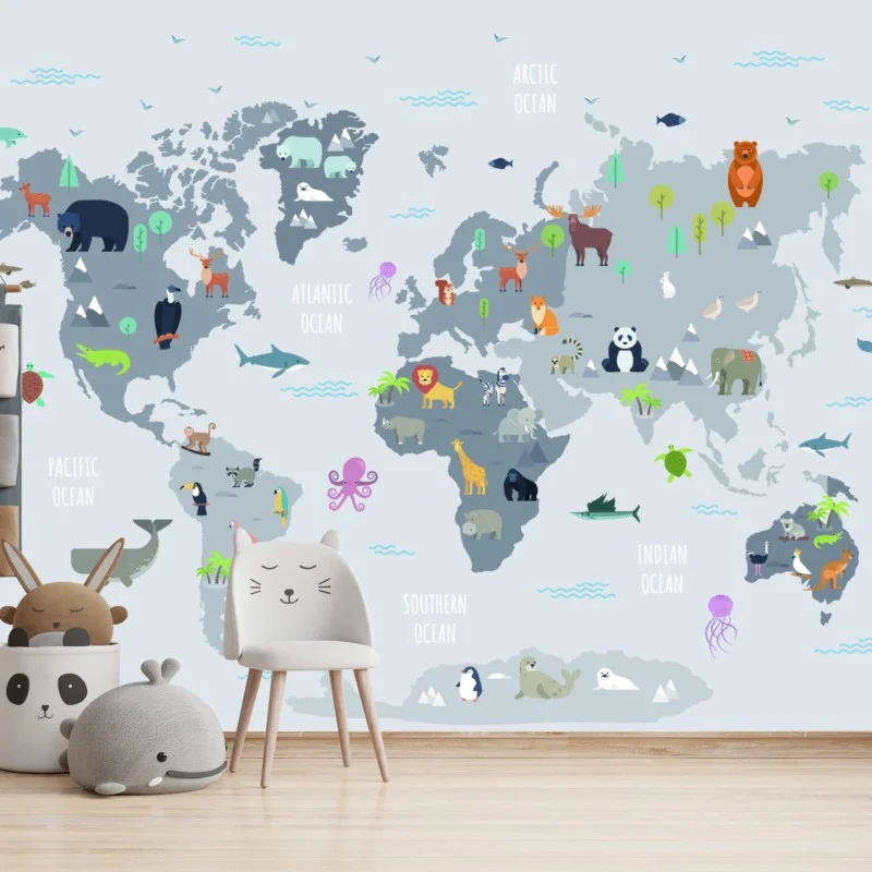 Wall mural animal world map in pastel colors