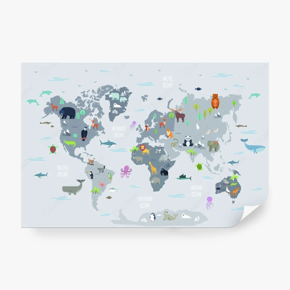 Wall mural animal world map in pastel colors ⁕ Wallissimo®