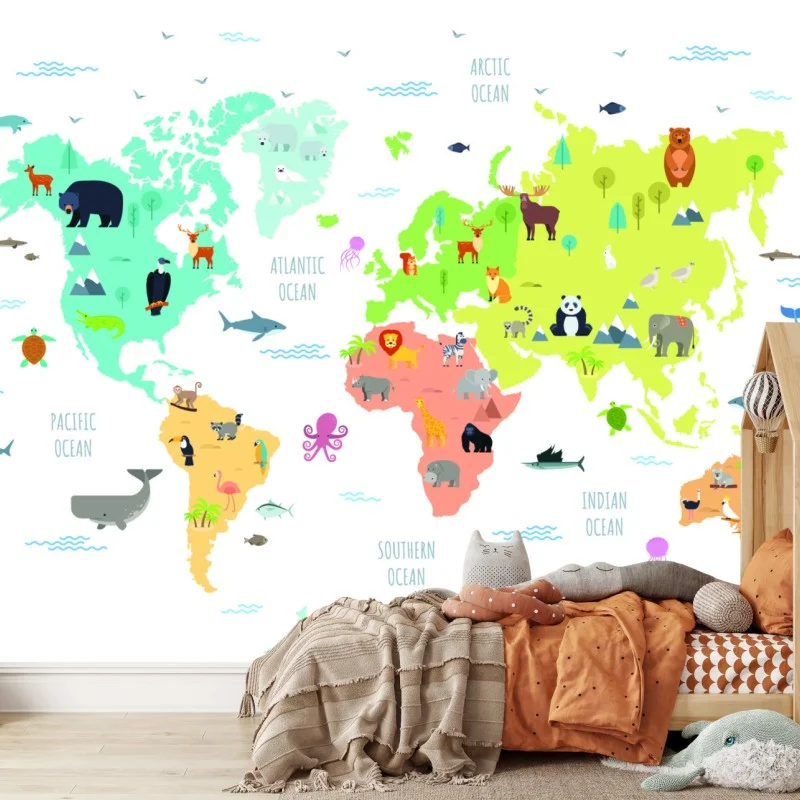 Wall mural world animal map for kids