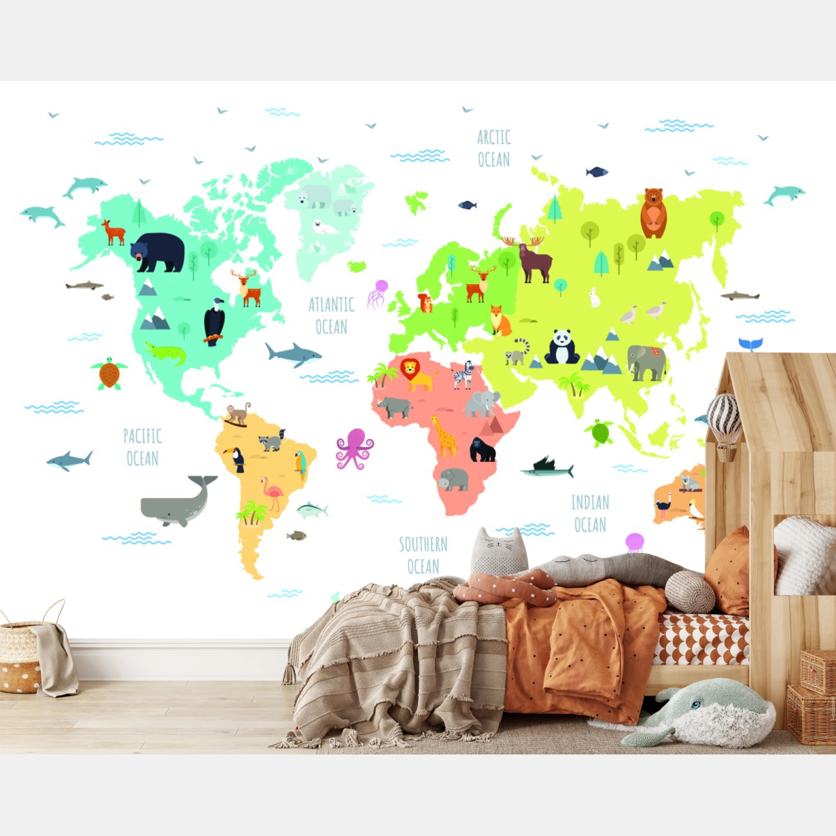 Wall mural world animal map for kids • Wallissimo®