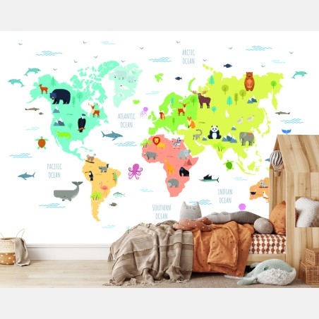 Wall mural world animal map for kids • Wallissimo®