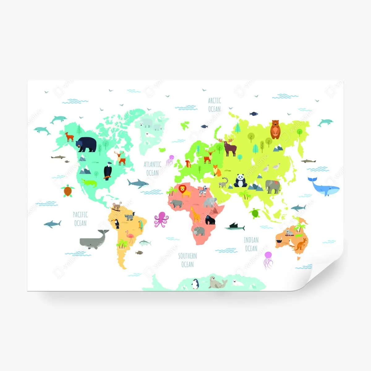 Wall mural world animal map for kids • Wallissimo®
