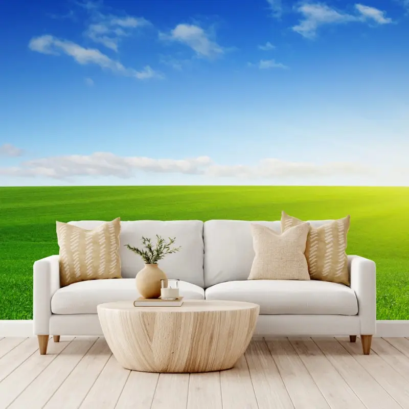 Wall mural sunlit green meadow at sunrise ⁕ Wallissimo® Wall mural sunlit green meadow at sunrise ⁕ Wallissimo®