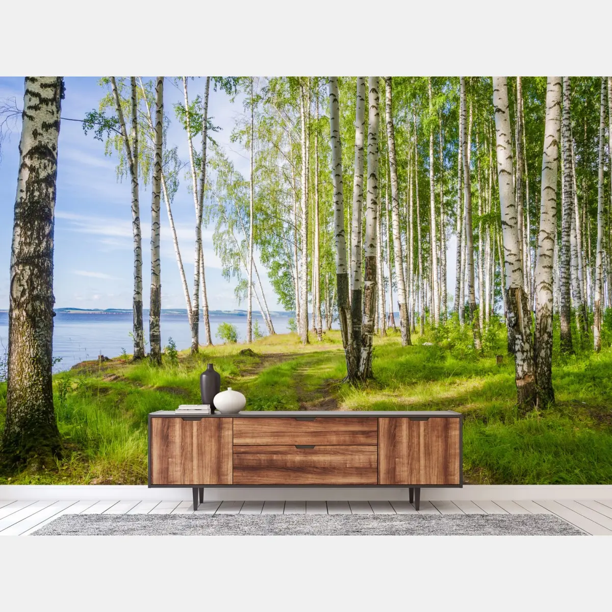 Wall mural sunlit birch grove by the water • Wallissimo®