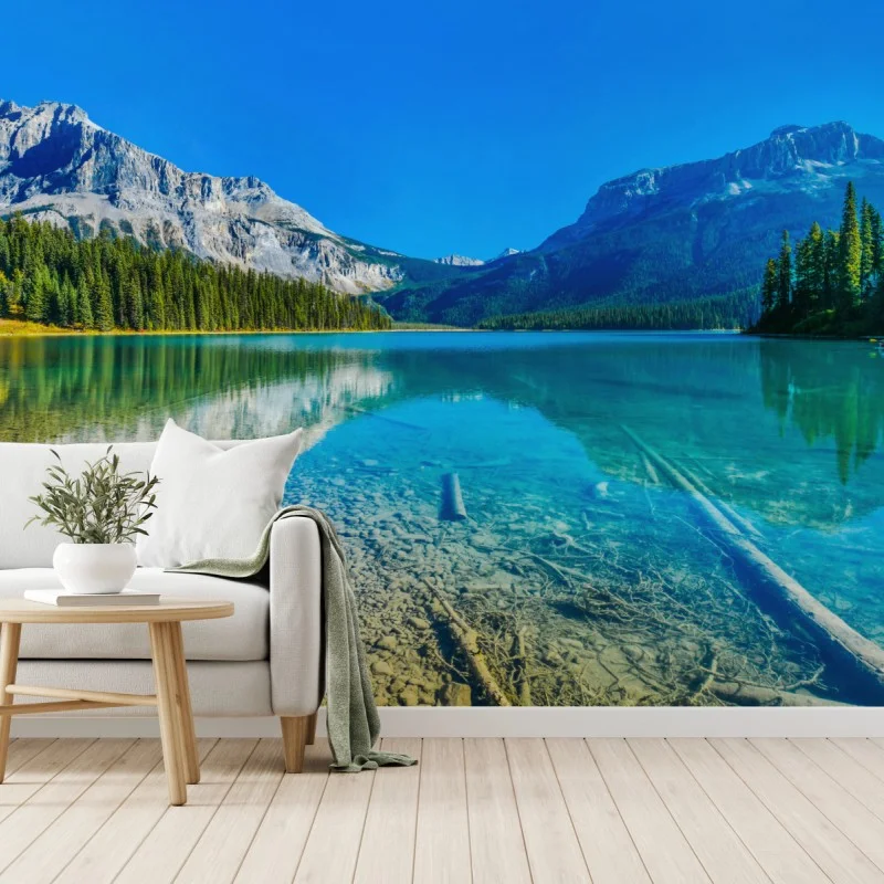 Wall mural turquoise alpine lake with mountain reflections ⁕ Wallissimo®