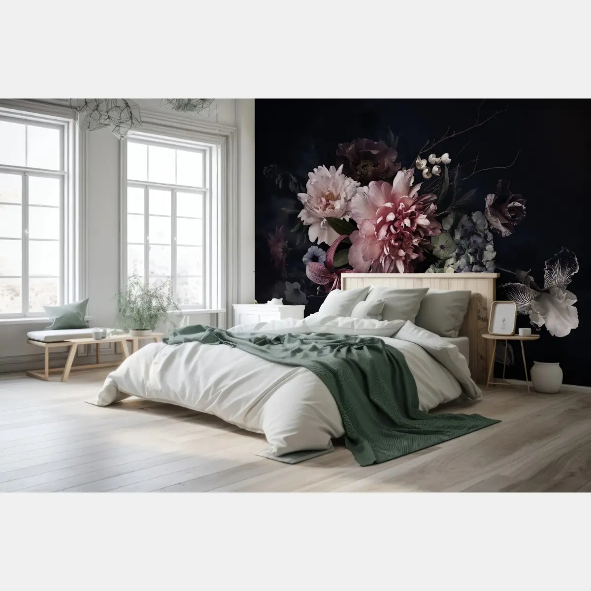Wall mural moody peony and hydrangea bouquet • Wallissimo®