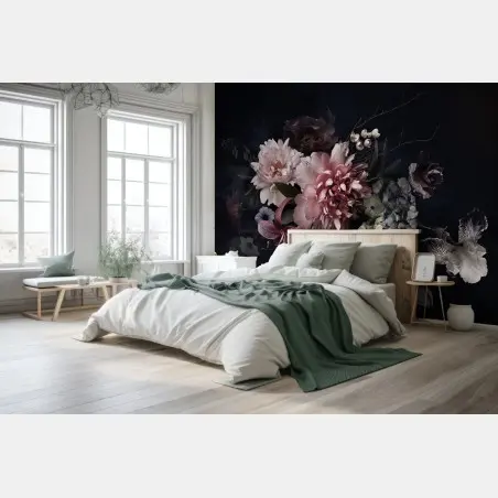 Wall mural moody peony and hydrangea bouquet • Wallissimo®