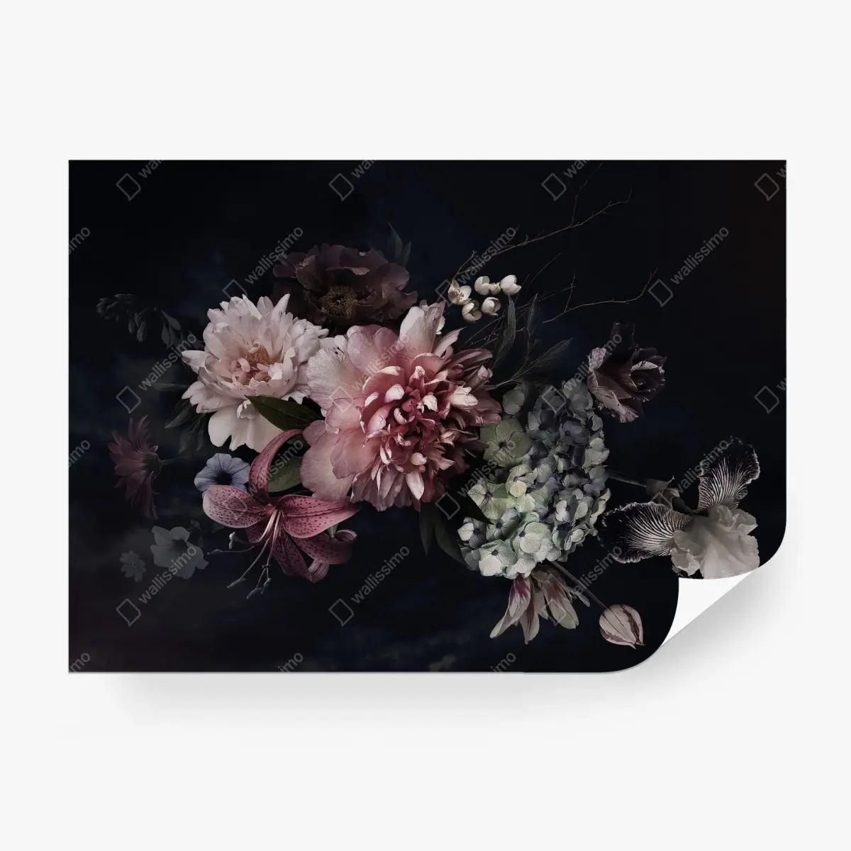 Wall mural moody peony and hydrangea bouquet • Wallissimo®