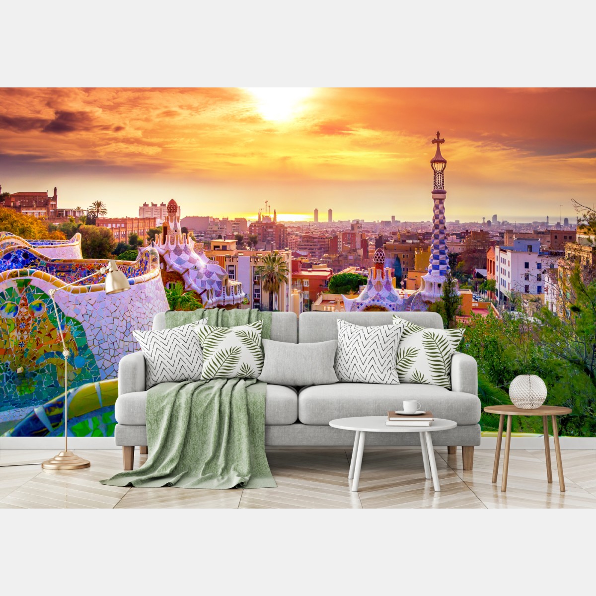 Wall mural sunset over Park Güell, Barcelona • Wallissimo®
