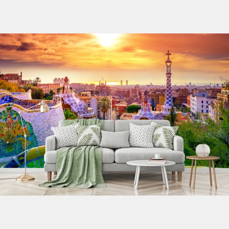 Wall mural sunset over Park Güell, Barcelona • Wallissimo®
