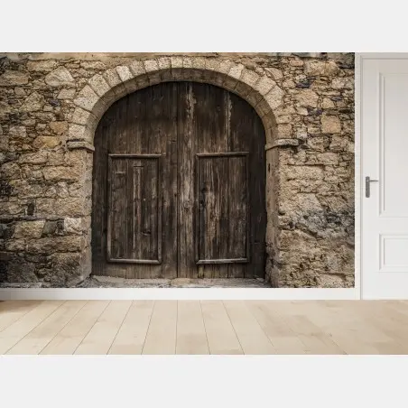 Wall mural rustic wooden door with stone arch • Wallissimo®