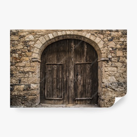 Wall mural rustic wooden door with stone arch • Wallissimo®