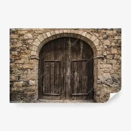 Wall mural rustic wooden door with stone arch • Wallissimo®
