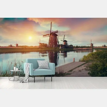 Wall mural sunset over windmills in the Netherlands • Wallissimo®