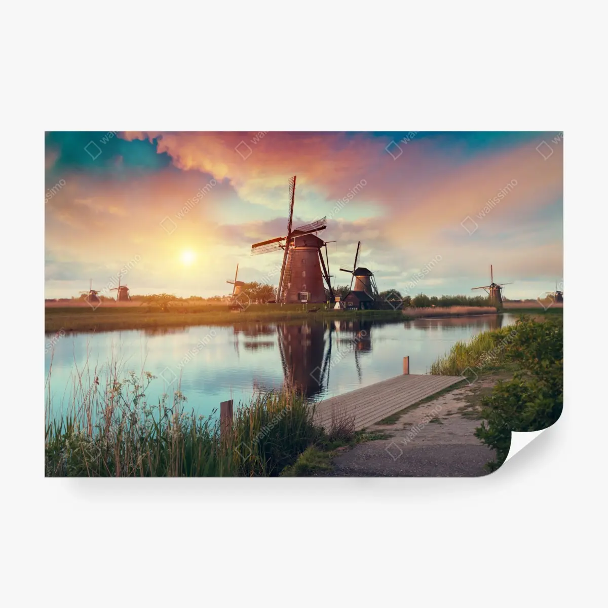 Wall mural sunset over windmills in the Netherlands • Wallissimo®