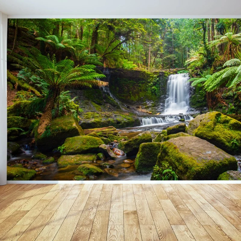 Wall mural lush forest waterfall retreat