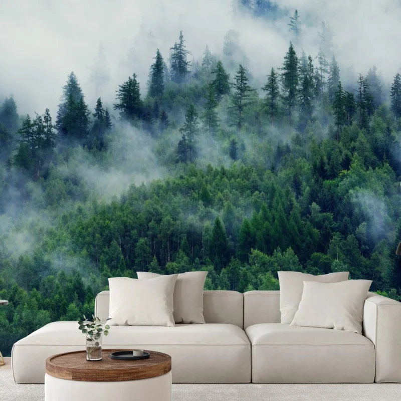 Wall mural misty green forest landscape