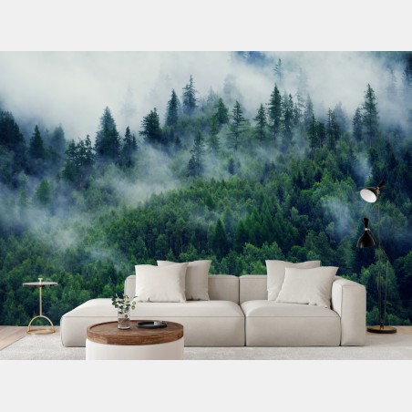 Wall mural misty green forest landscape • Wallissimo®