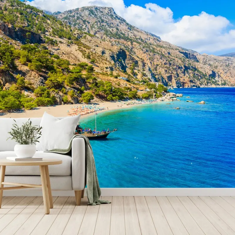 Wall mural sailing boat at Apella beach, Karpathos