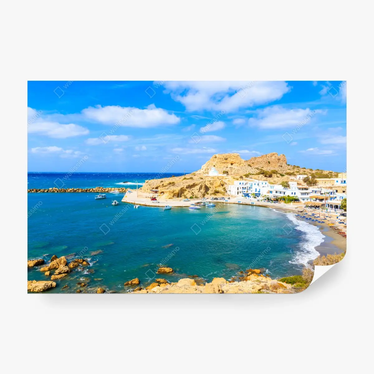 Wall mural sunlit Finiki harbor, Karpathos coast • Wallissimo®