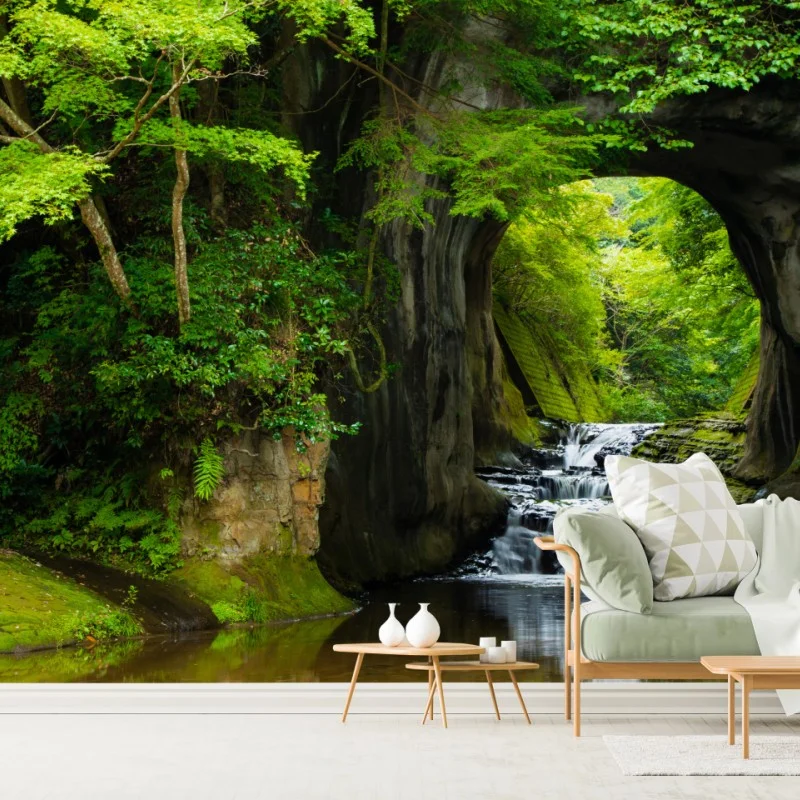 Wall mural hidden waterfall through a rock arch ⁕ Wallissimo®