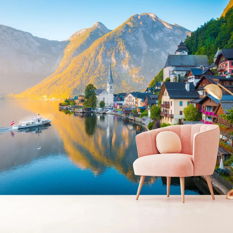Wall mural morning glow over Hallstatt lakeside village