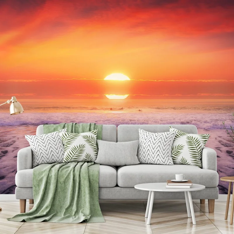 Wall mural golden sunset over tranquil beach