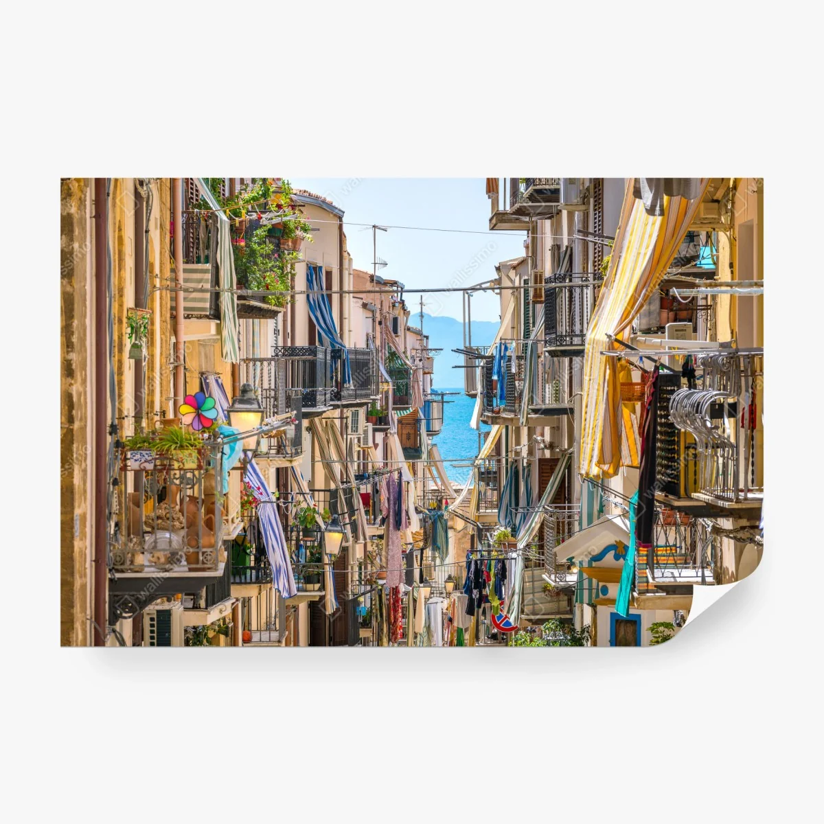 Wall mural sunlit mediterranean alley with sea view ⁕ Wallissimo®