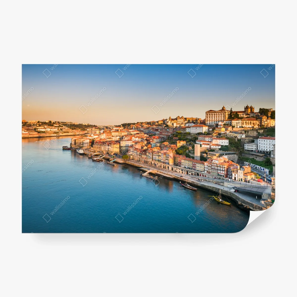 Wall mural sunlit Porto riverside skyline at golden hour ⁕ Wallissimo®