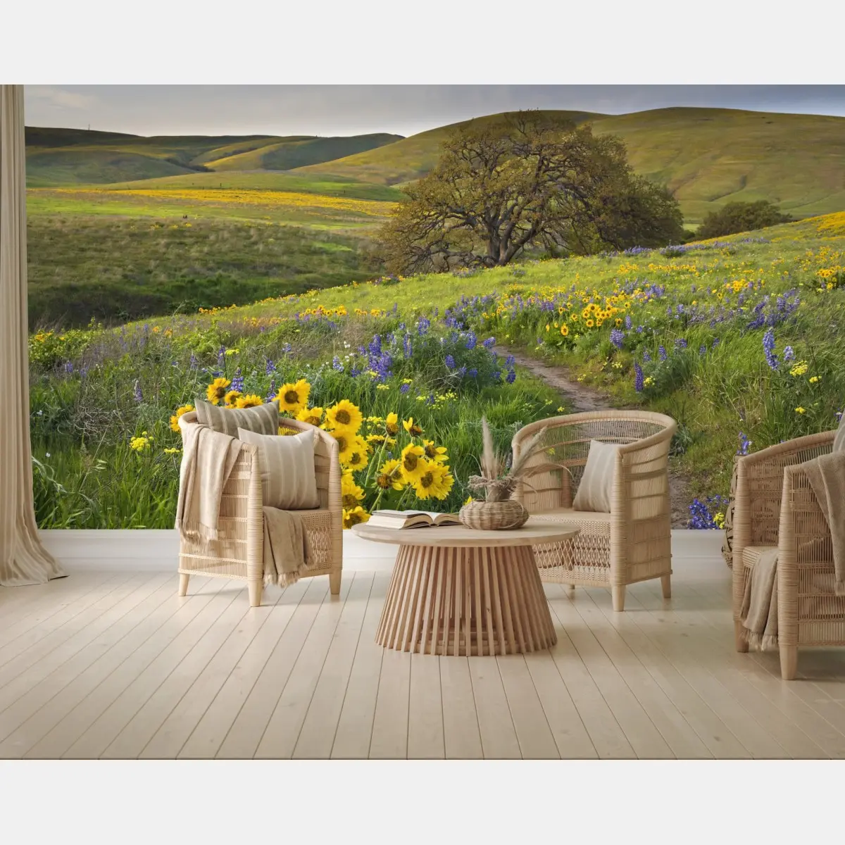 Wall mural meadow path with yellow wildflowers and oak tree • Wallissimo®
