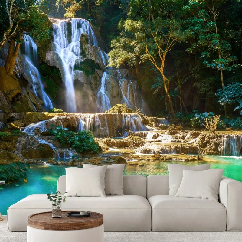 Wall mural turquoise waterfall in lush forest