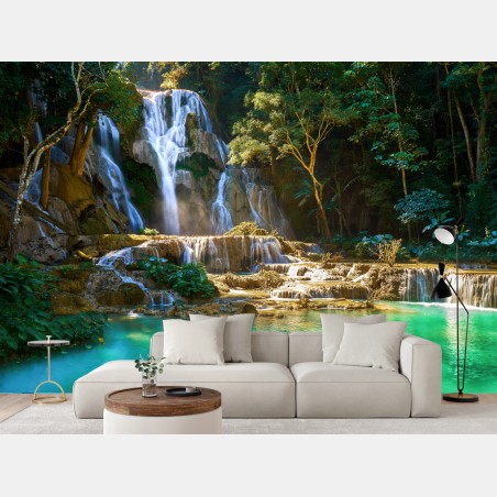 Wall mural turquoise waterfall in lush forest • Wallissimo®