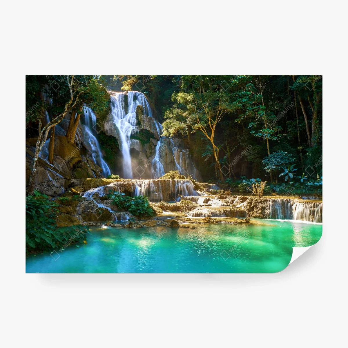 Wall mural turquoise waterfall in lush forest • Wallissimo® Wall mural turquoise waterfall in lush forest • Wallissimo®
