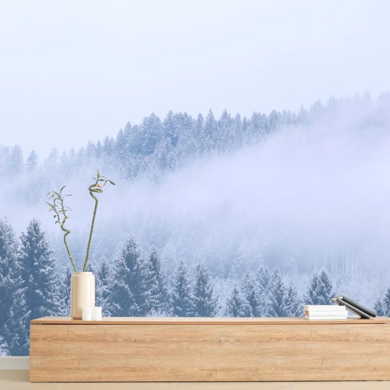 Wall mural winter mist over coniferous forest