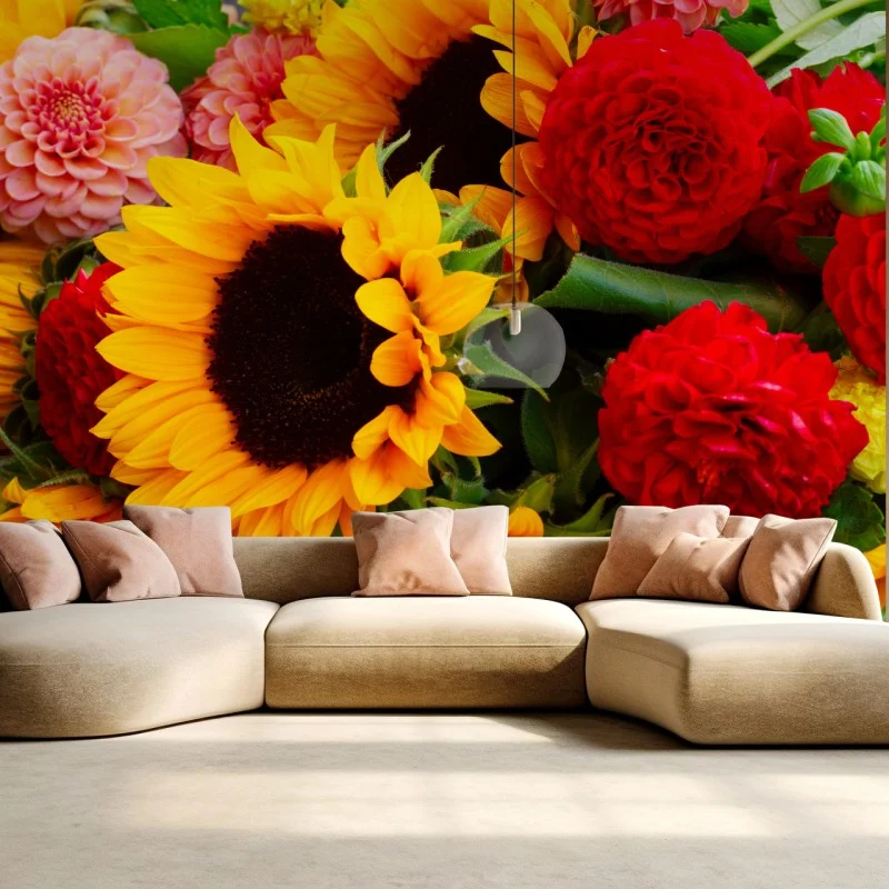 Wall mural sunflower and dahlia bouquet close-up