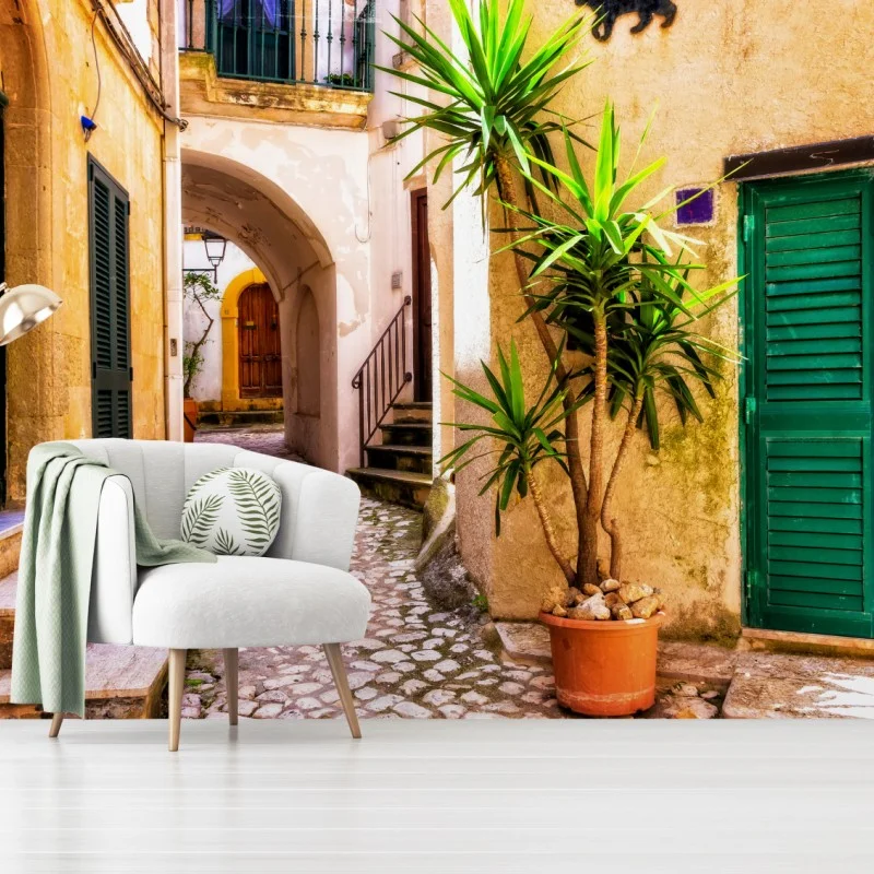 Wall mural sunlit mediterranean alley with green shutters