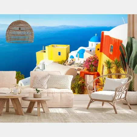 Wall mural sunlit Santorini seaside village • Wallissimo®