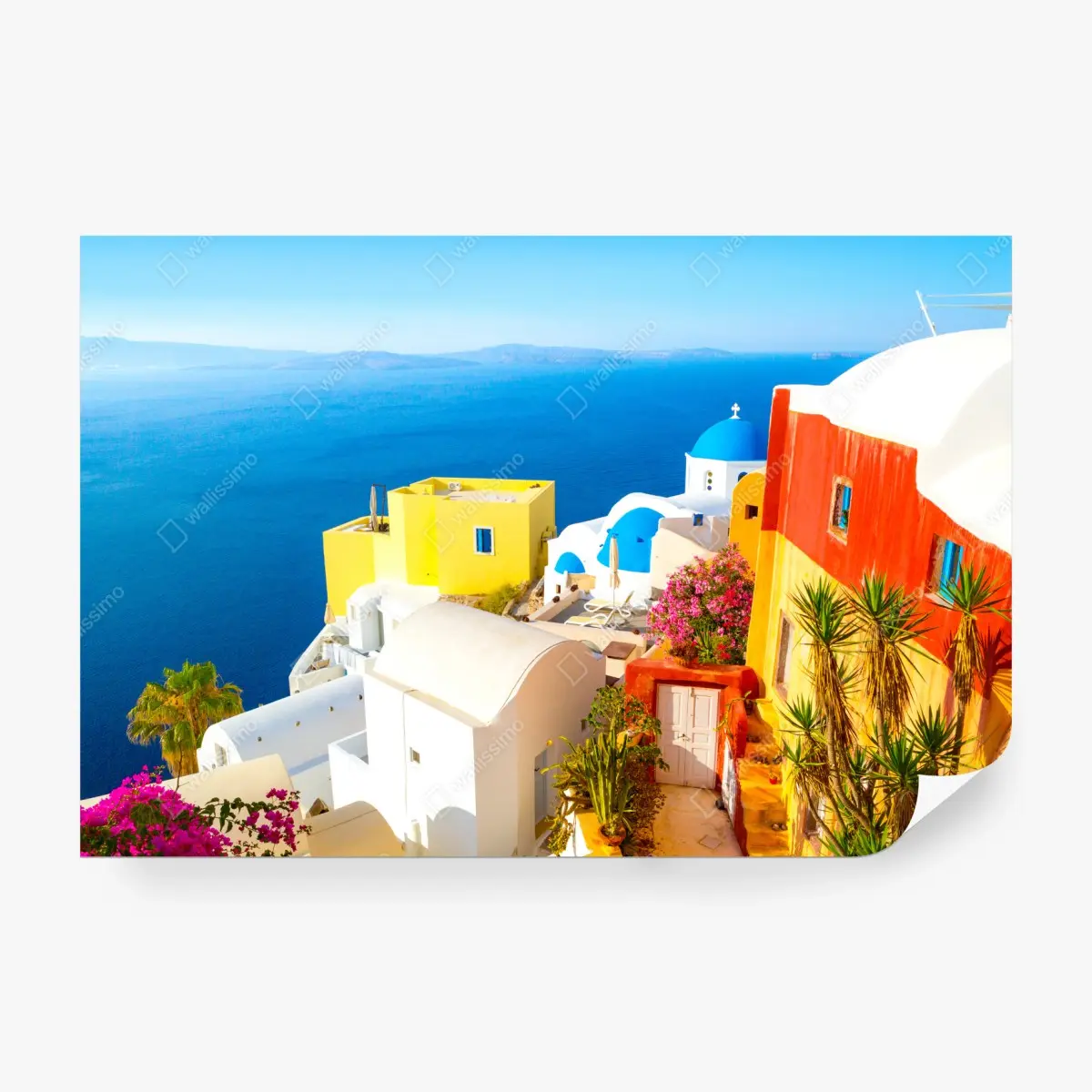 Wall mural sunlit Santorini seaside village • Wallissimo®