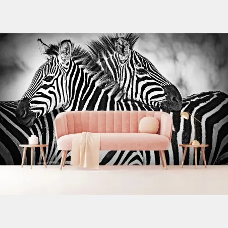 Wall mural zebra embrace in monochrome • Wallissimo®