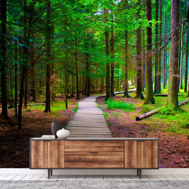 Wall mural serene forest boardwalk path ⁕ Wallissimo®