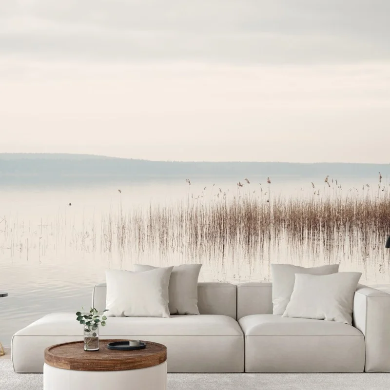 Wall mural serene lakeside reeds at dawn