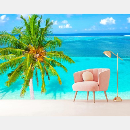 Wall mural tropical turquoise beach with palm tree • Wallissimo®