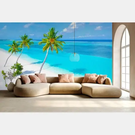 Wall mural tropical turquoise beach with palm trees • Wallissimo®