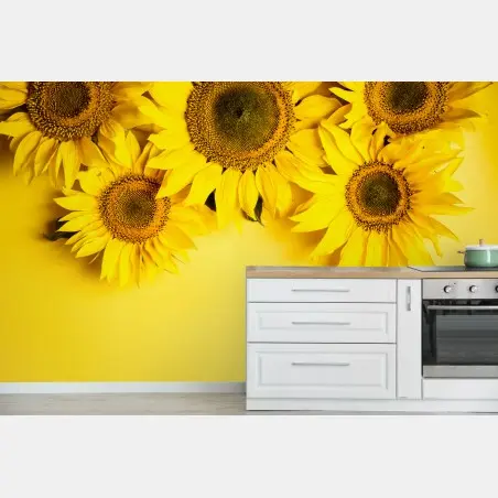 Wall mural bright sunflower bouquet on yellow background • Wallissimo®