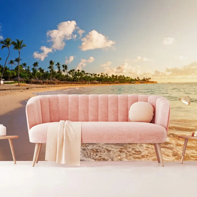 Wall mural tropical sunset beach with palm silhouettes