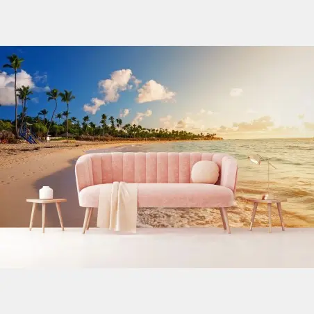 Wall mural tropical sunset beach with palm silhouettes • Wallissimo®