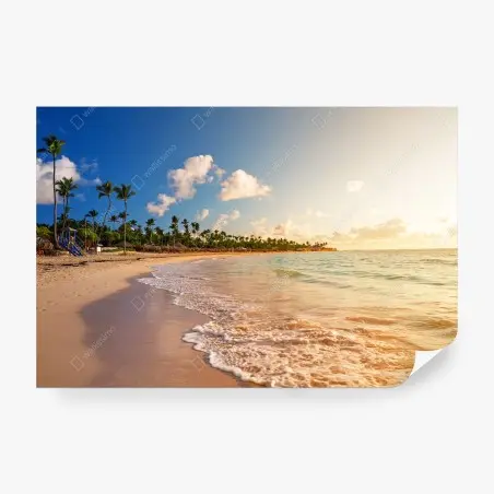 Wall mural tropical sunset beach with palm silhouettes • Wallissimo®