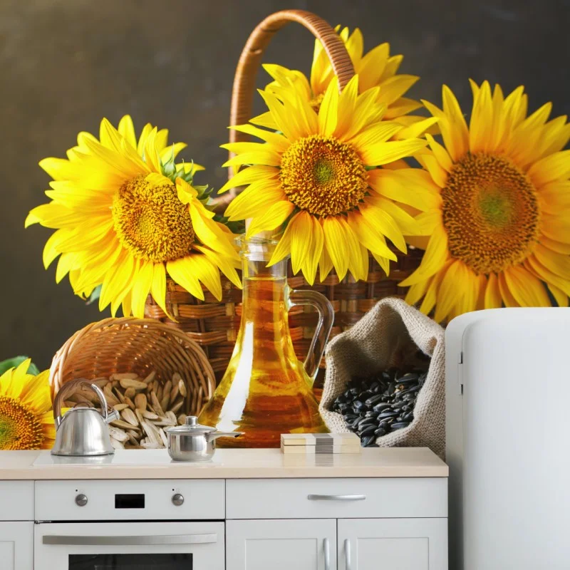 Wall mural bright sunflower still life with seeds and oil