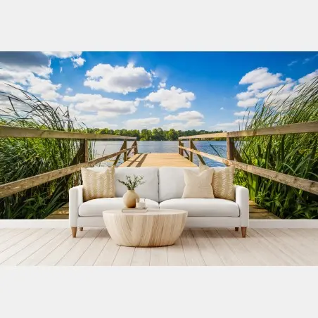 Wall mural sunlit lakeside dock at midday • Wallissimo®