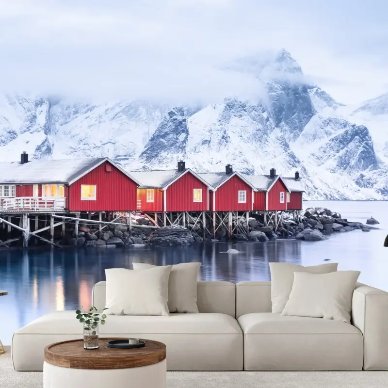 Wall mural sunrise over Lofoten red cabins